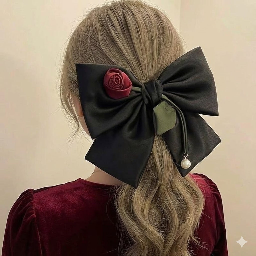 Rose Top Satin Bow Hair Clip