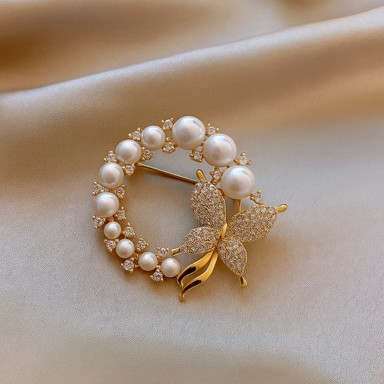 Rounded Pearl Butterfly Brooch