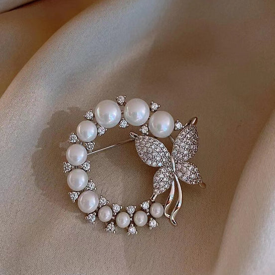 Rounded Pearl Butterfly Brooch
