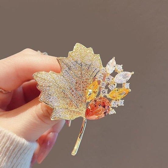 Shining Crystal Maple Leaf Brooch