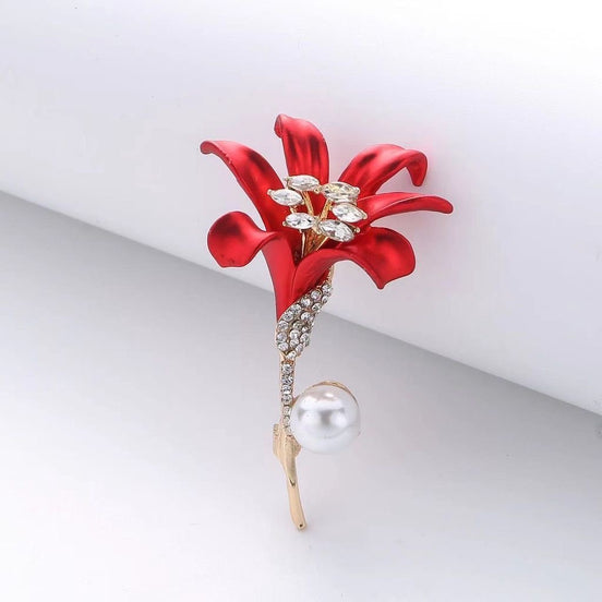 Red Metal Lily Brooch