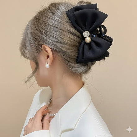Crystal Pearl Organza Bow Hair Claw Clip