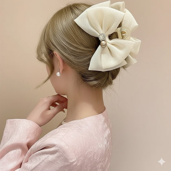Crystal Pearl Organza Bow Hair Claw Clip