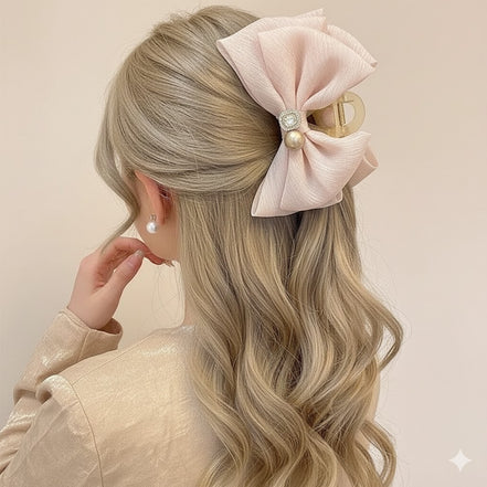 Crystal Pearl Organza Bow Hair Claw Clip