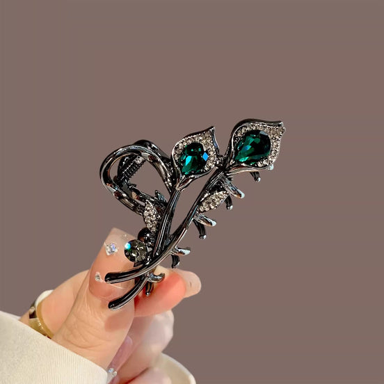 Green Crystal Tulip Metal Hair Claw Clip