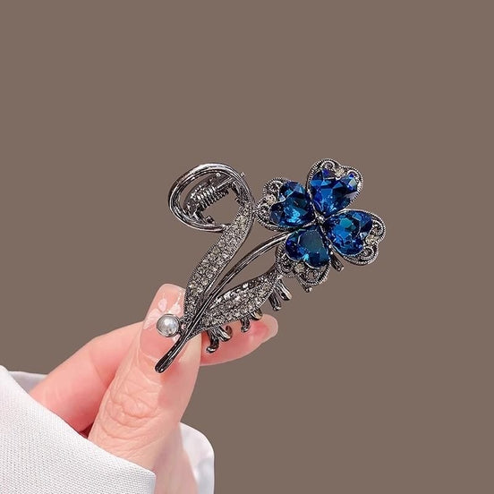 Blue Crystal Clover Metal Hair Claw Clip