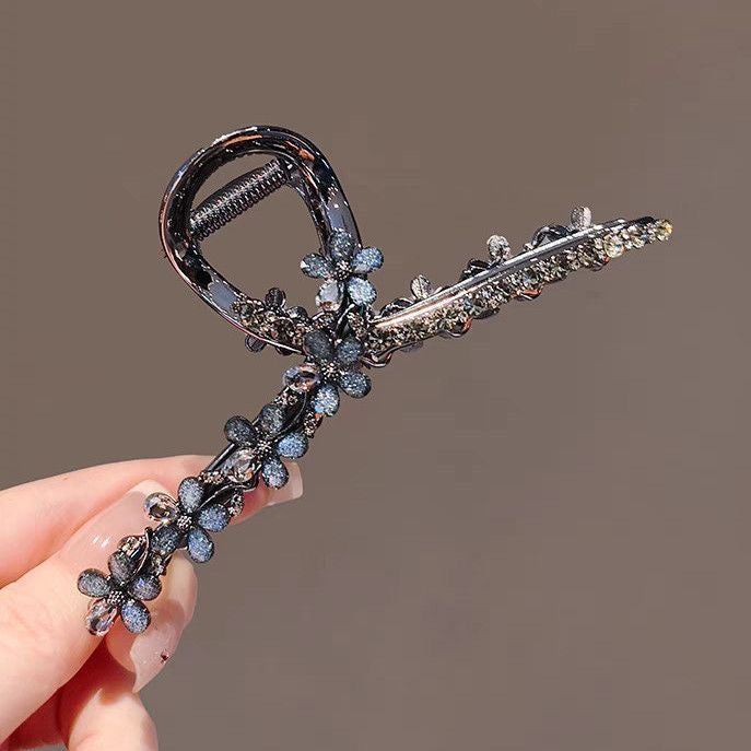 Crystal Flower Row Ribbion Metal Hair Claw Clip