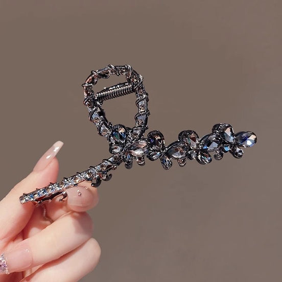 Grey Crystal Butterfly Row Metal Hair Claw Clip