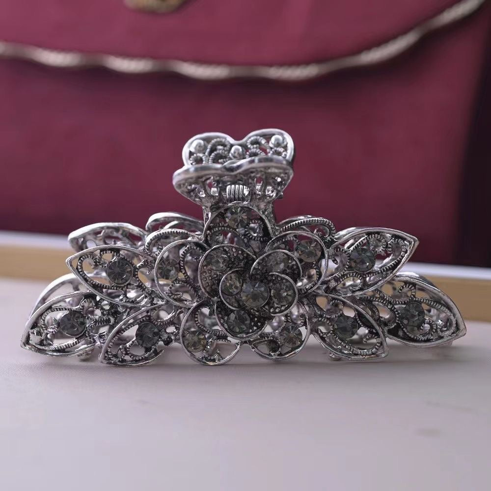 Vintage Grey Crystal Flower Metal Hair Claw Clip