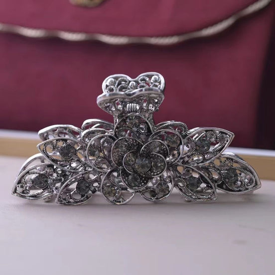 Vintage Grey Crystal Flower Metal Hair Claw Clip