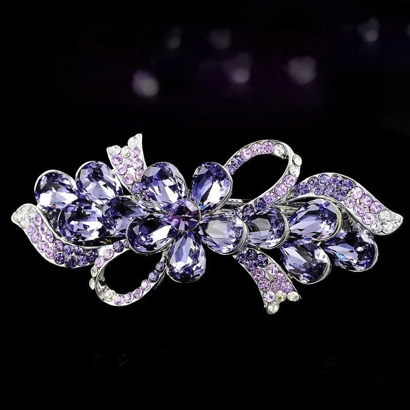 Crystal Flower Row Flat Hair Clip-Middle Size