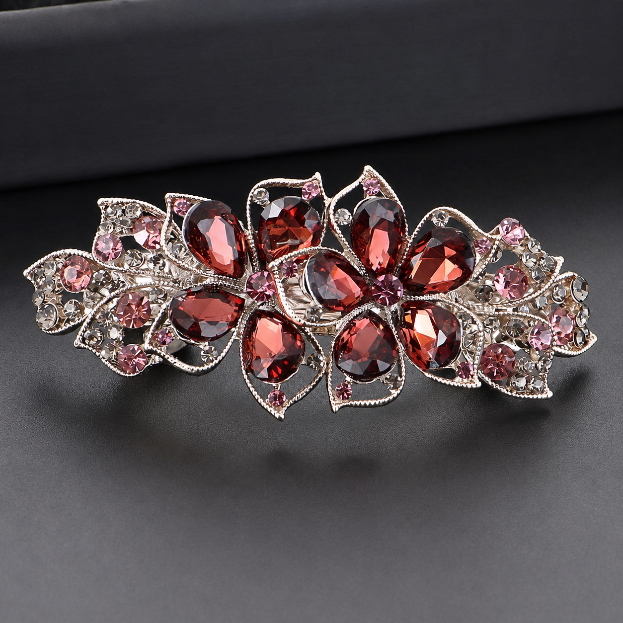 Crystal Flower Row Flat Hair Clip-Large Size