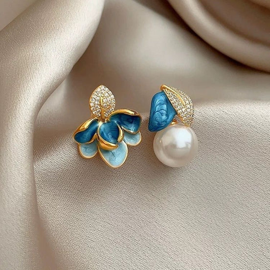Blue Enamel Pearl & Flower Earrings