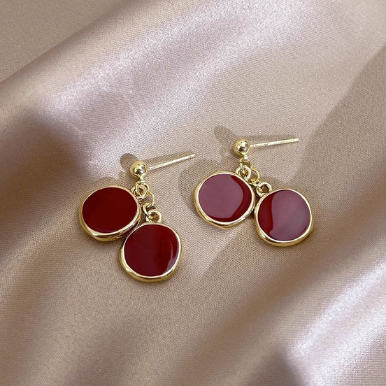 Wine-Red Double Round Pieces Earrings