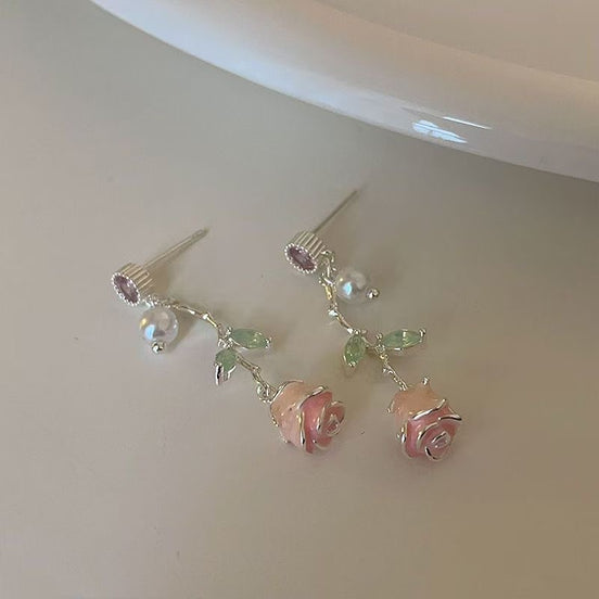 Enamel Rose Tassel Earrings