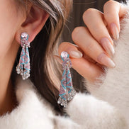 Pink Gemstone  Ribbon Tassel Earrings