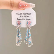 Pink Gemstone  Ribbon Tassel Earrings