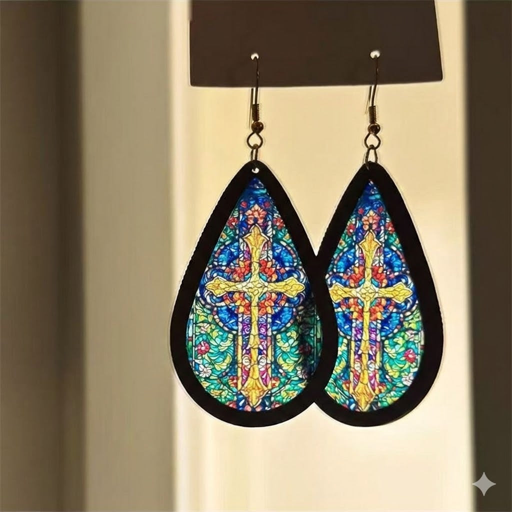 Stained Glass Cross Teardrops Earrings