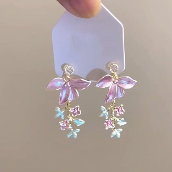 Spring Pink Flowers Tassel Earrings