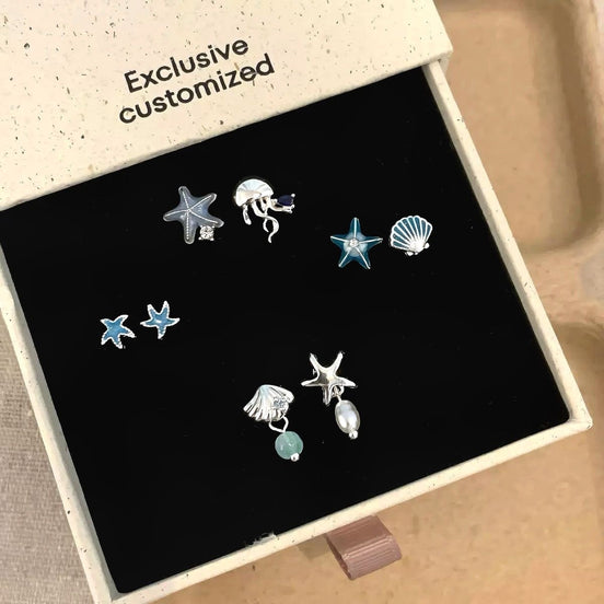 4 Pairs Set Ocean Series Seastar Shell & Jellyfish Ear Pins