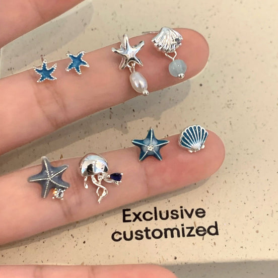 4 Pairs Set Ocean Series Seastar Shell & Jellyfish Ear Pins
