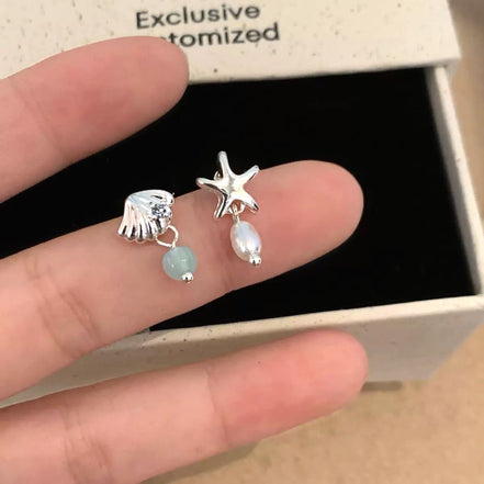 4 Pairs Set Ocean Series Seastar Shell & Jellyfish Ear Pins