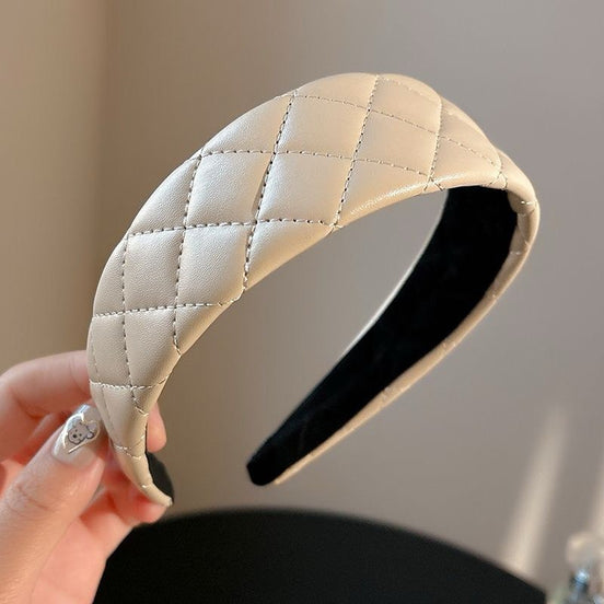 White Leather Plaid Wide Headband