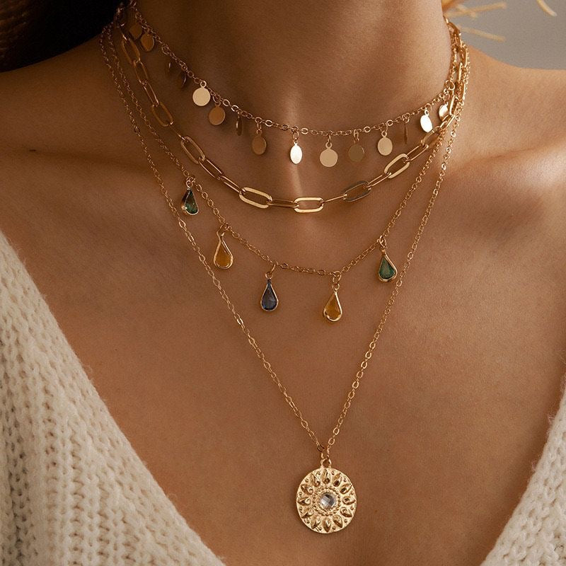 Boho Vintage Gemstone Sun Necklace Set
