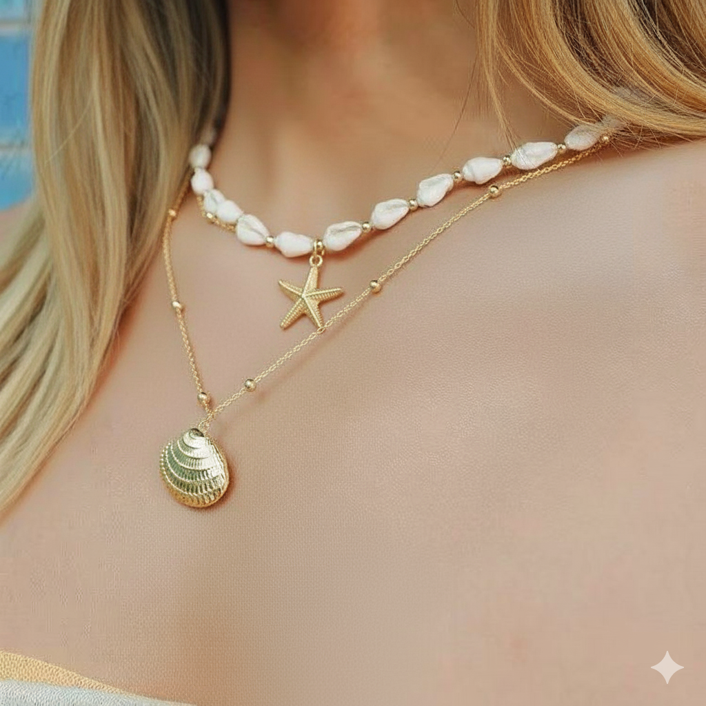 Ocean Series Sea Star & Shell Pendant Necklace Set