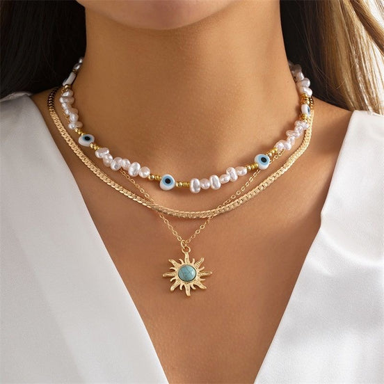 Turquoise Sun & Pearl Necklace Set