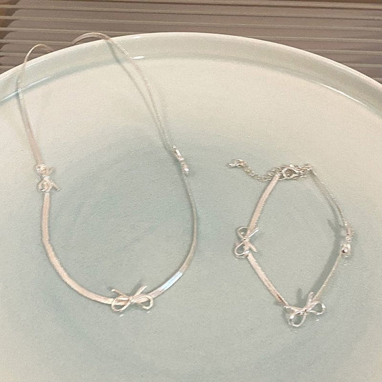 Minimalist Ribbon Bow Necklace & Bracelet Set
