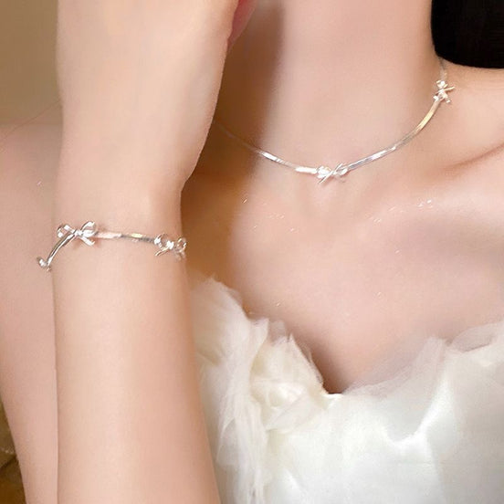 Minimalist Ribbon Bow Necklace & Bracelet Set