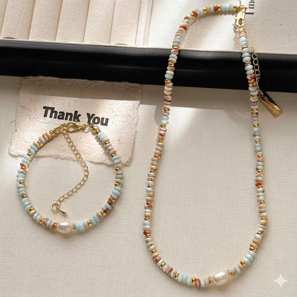 Sea Glass & Sand Beads Necklace & Bracelet Set