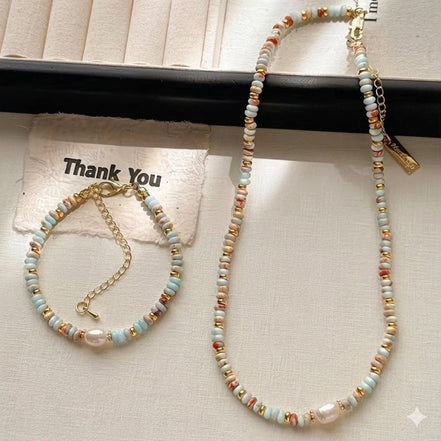 Sea Glass & Sand Beads Necklace & Bracelet Set