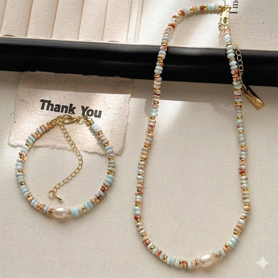 Sea Glass & Sand Beads Necklace & Bracelet Set