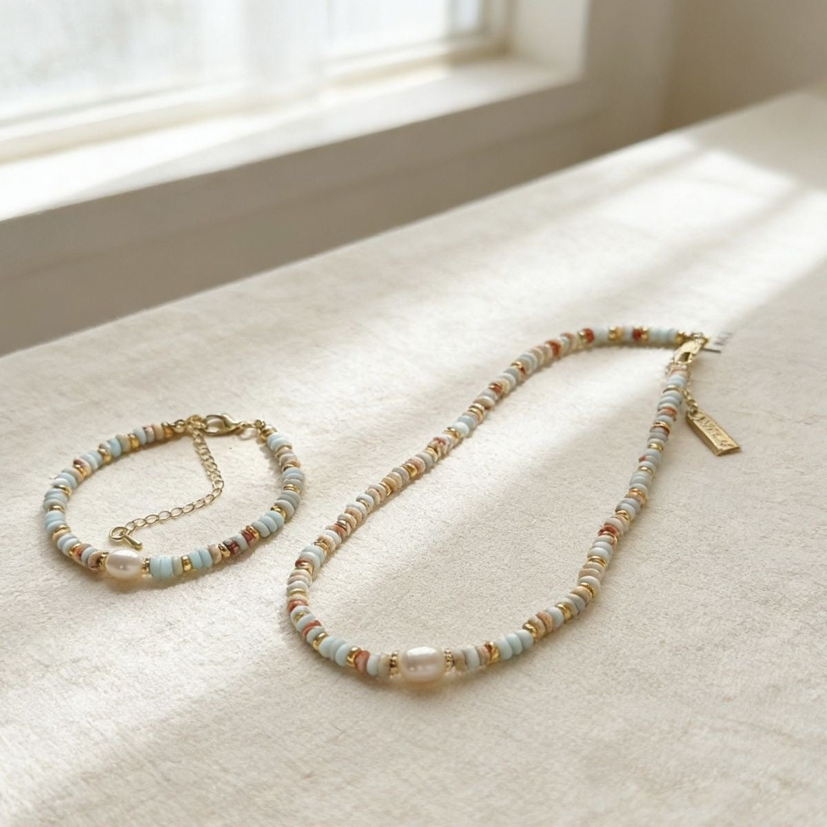 Sea Glass & Sand Beads Necklace & Bracelet Set