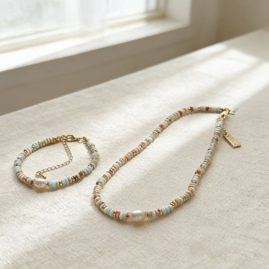 Sea Glass & Sand Beads Necklace & Bracelet Set