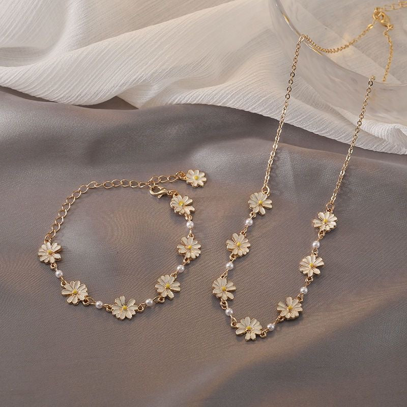Enamel Daisy Row Necklace & Bracelet Set