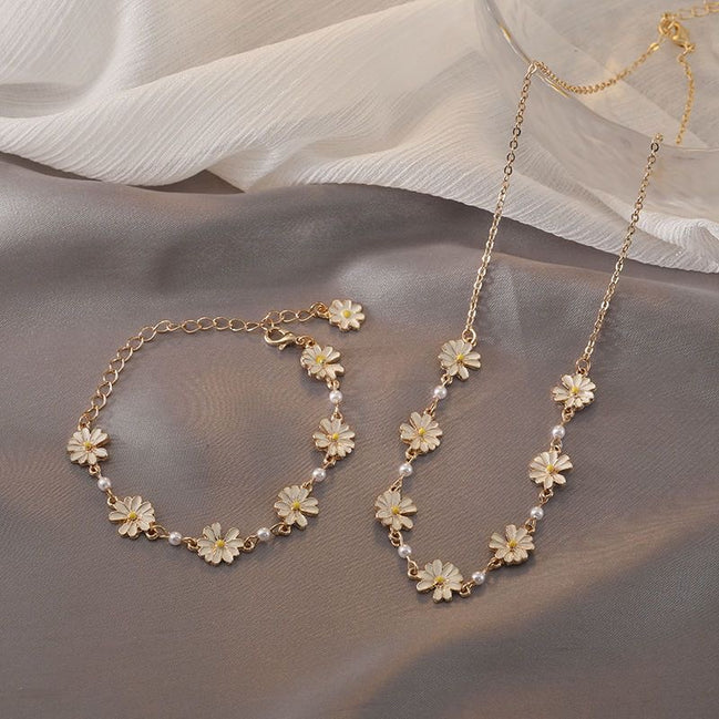 Enamel Daisy Row Necklace & Bracelet Set