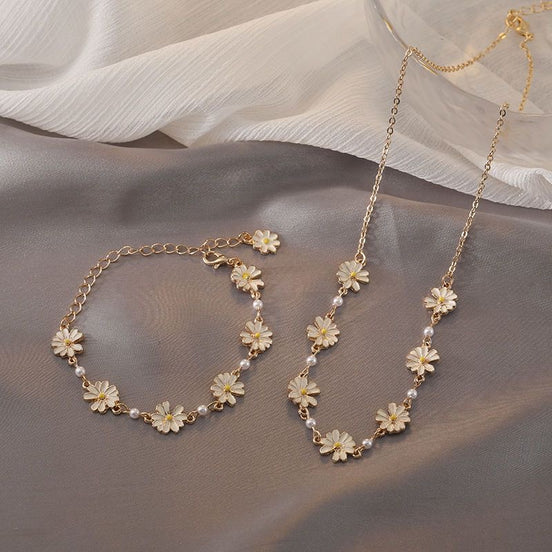 Enamel Daisy Row Necklace & Bracelet Set