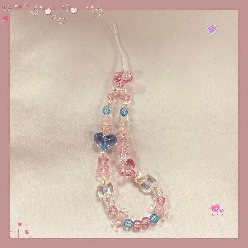 Jelly Blue & Pink Heart Beads Phone Strap