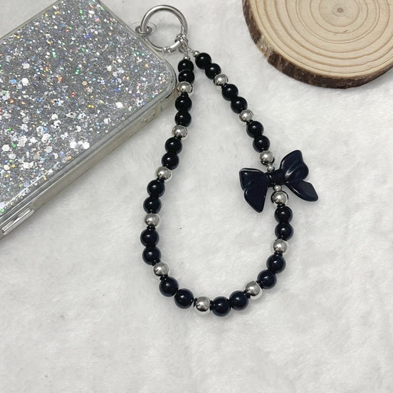 Black & Sliver Beads Bow Phone Strap