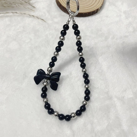 Black & Sliver Beads Bow Phone Strap