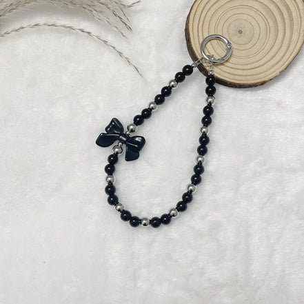 Black & Sliver Beads Bow Phone Strap