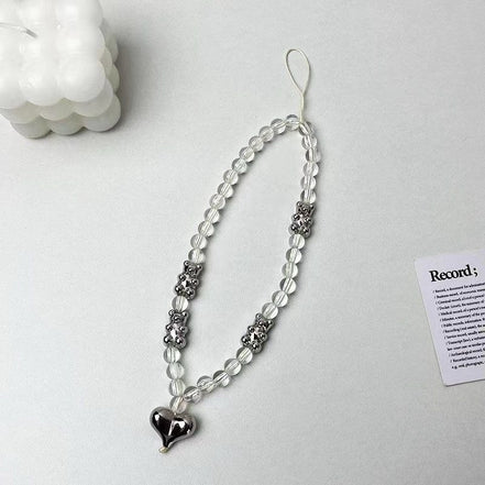 Clear Beads Bear & Heart Phone Strap