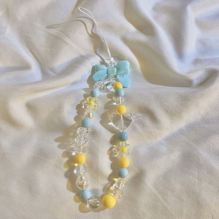 Clear Blue Yellow Beads with Bow Phone Strap