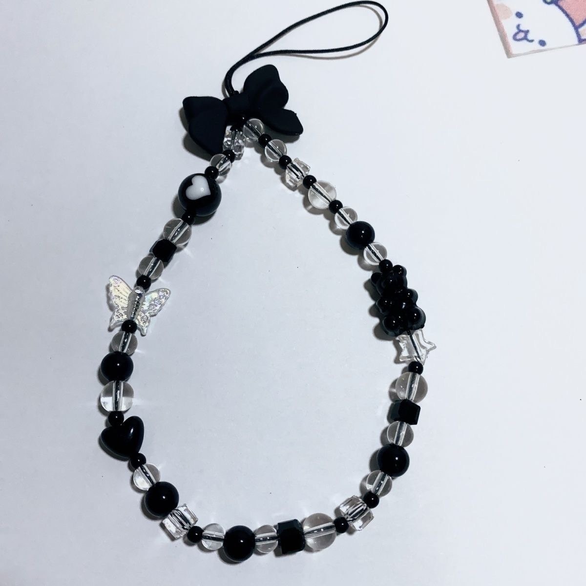 Clear & Black Beads with Bow Phone Strap