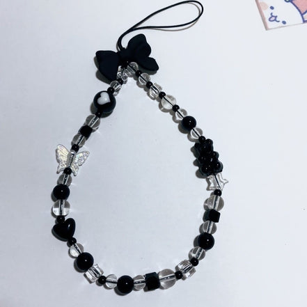Clear & Black Beads with Bow Phone Strap