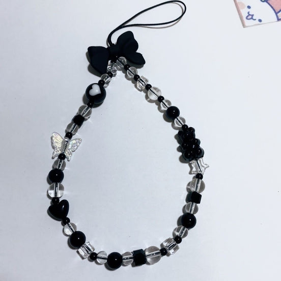 Clear & Black Beads with Bow Phone Strap