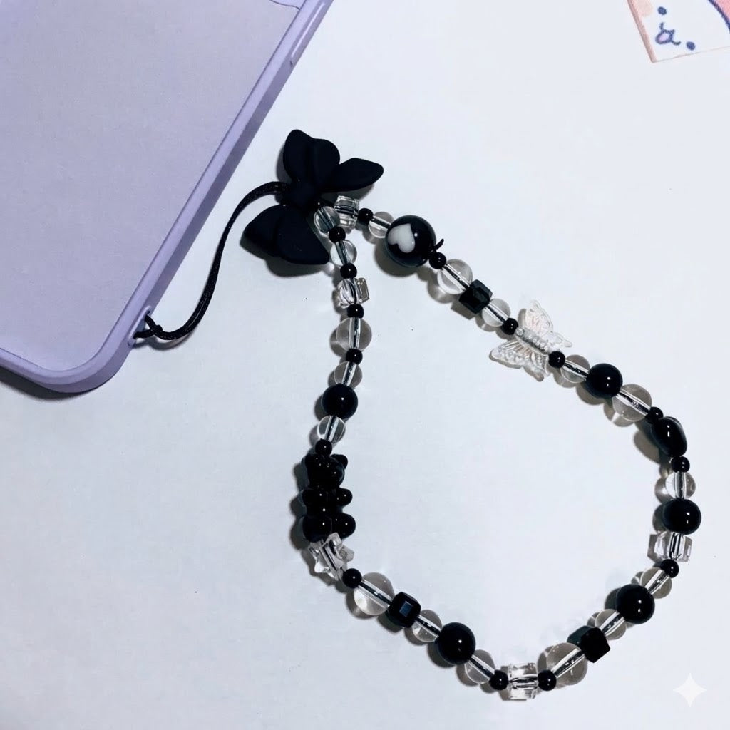 Clear & Black Beads with Bow Phone Strap